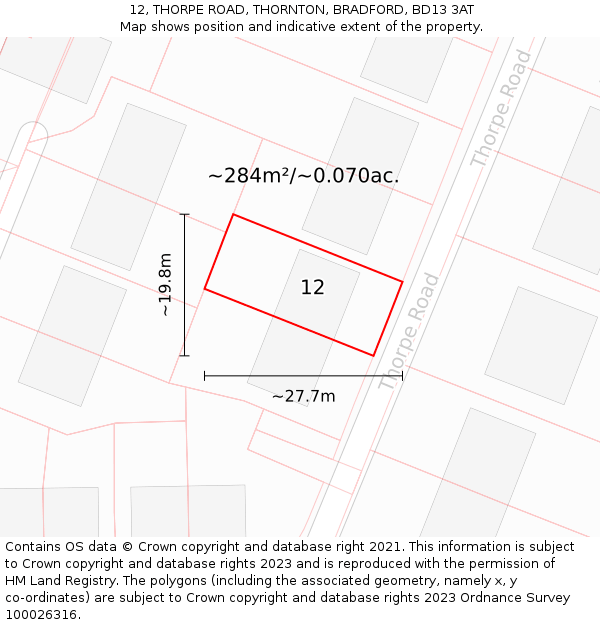 12, THORPE ROAD, THORNTON, BRADFORD, BD13 3AT: Plot and title map