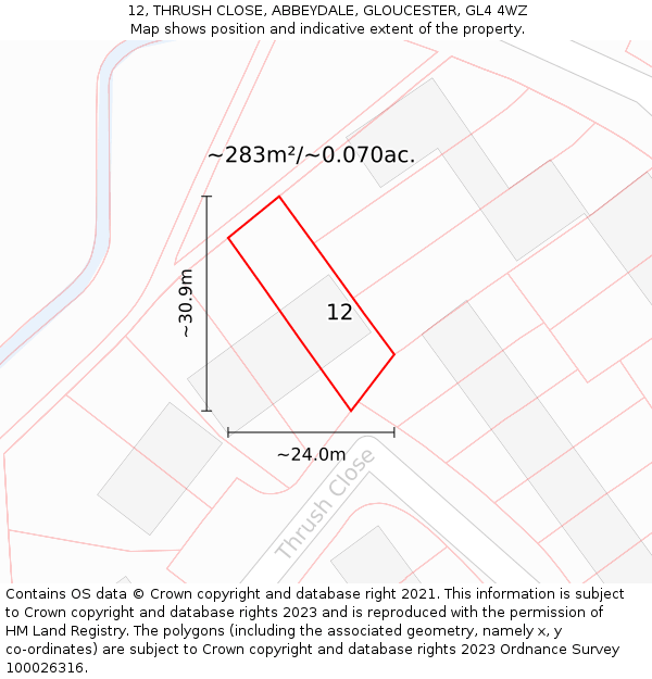 12, THRUSH CLOSE, ABBEYDALE, GLOUCESTER, GL4 4WZ: Plot and title map