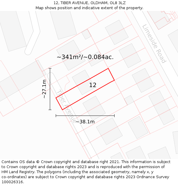 12, TIBER AVENUE, OLDHAM, OL8 3LZ: Plot and title map