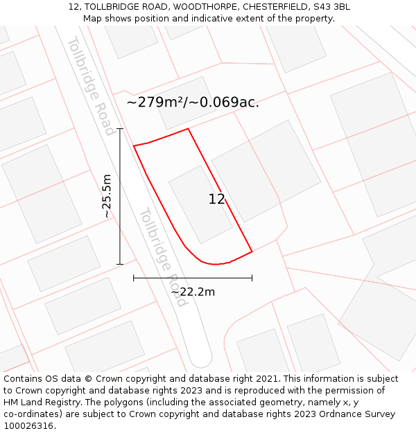 12, TOLLBRIDGE ROAD, WOODTHORPE, CHESTERFIELD, S43 3BL: Plot and title map