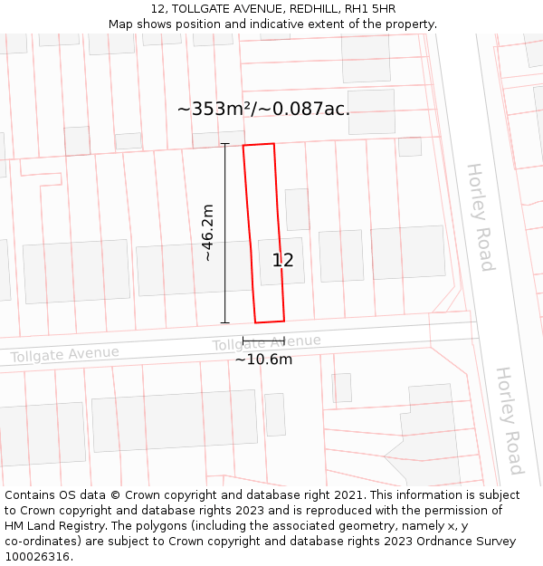 12, TOLLGATE AVENUE, REDHILL, RH1 5HR: Plot and title map