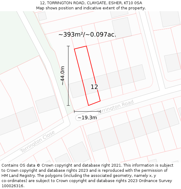 12, TORRINGTON ROAD, CLAYGATE, ESHER, KT10 0SA: Plot and title map