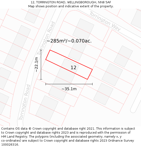 12, TORRINGTON ROAD, WELLINGBOROUGH, NN8 5AF: Plot and title map