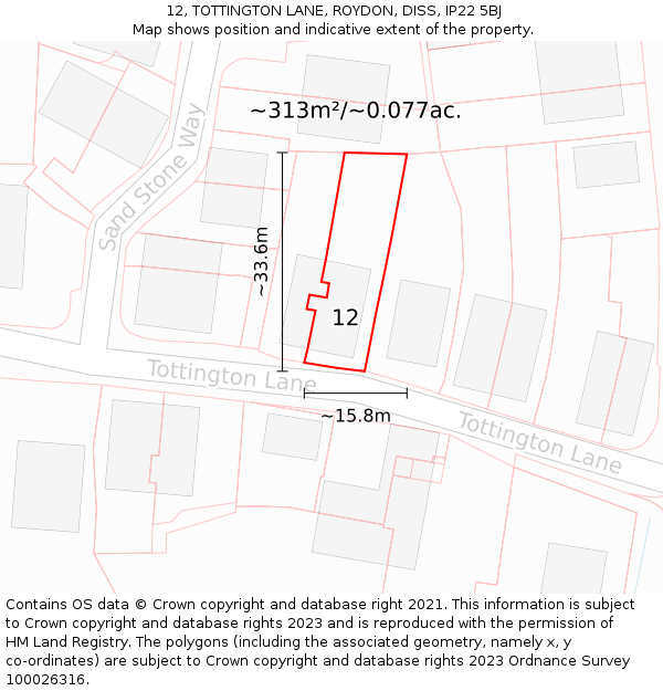 12, TOTTINGTON LANE, ROYDON, DISS, IP22 5BJ: Plot and title map