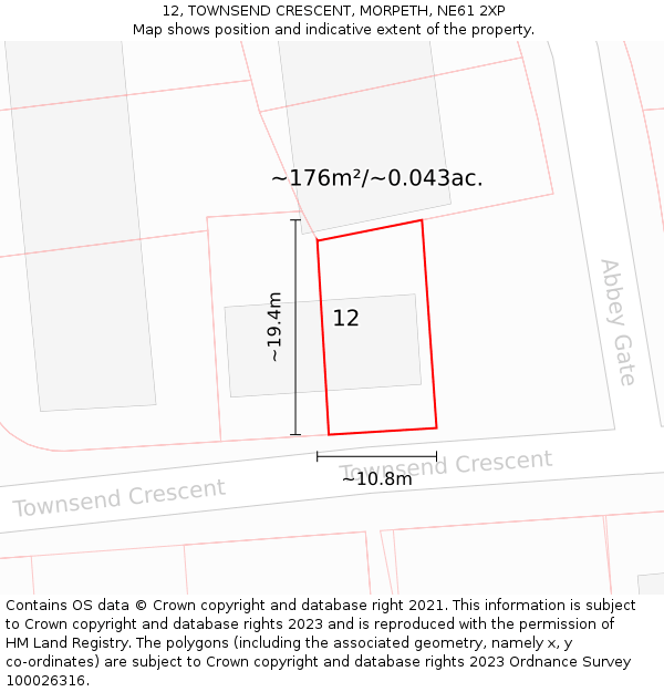 12, TOWNSEND CRESCENT, MORPETH, NE61 2XP: Plot and title map