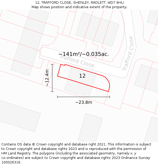 12, TRAFFORD CLOSE, SHENLEY, RADLETT, WD7 9HU: Plot and title map