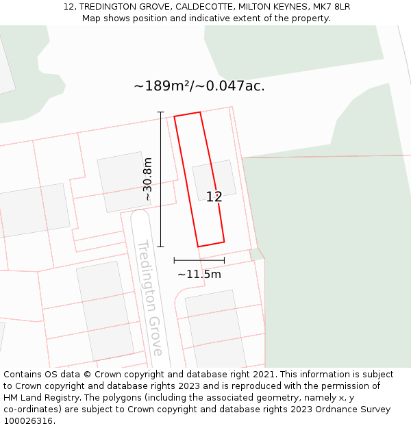 12, TREDINGTON GROVE, CALDECOTTE, MILTON KEYNES, MK7 8LR: Plot and title map