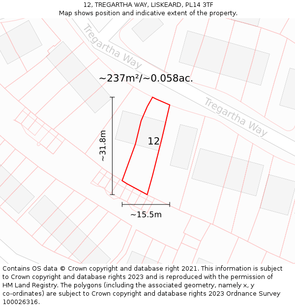 12, TREGARTHA WAY, LISKEARD, PL14 3TF: Plot and title map