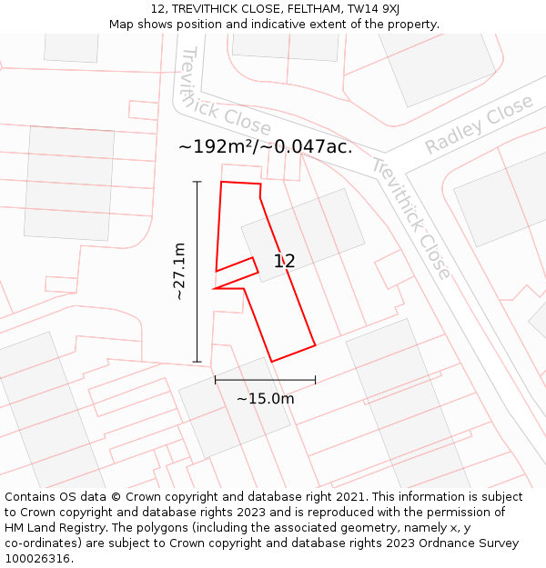 12, TREVITHICK CLOSE, FELTHAM, TW14 9XJ: Plot and title map