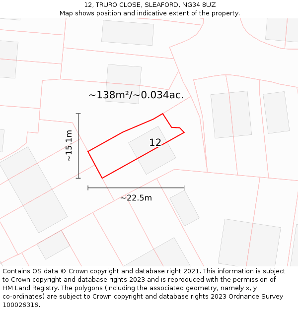 12, TRURO CLOSE, SLEAFORD, NG34 8UZ: Plot and title map