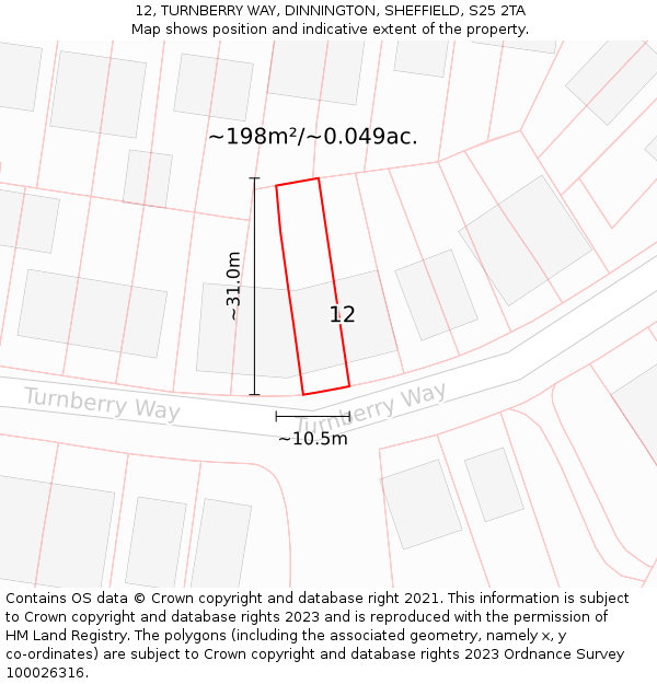 12, TURNBERRY WAY, DINNINGTON, SHEFFIELD, S25 2TA: Plot and title map