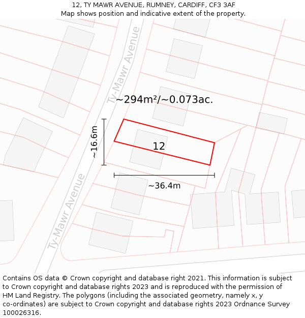 12, TY MAWR AVENUE, RUMNEY, CARDIFF, CF3 3AF: Plot and title map