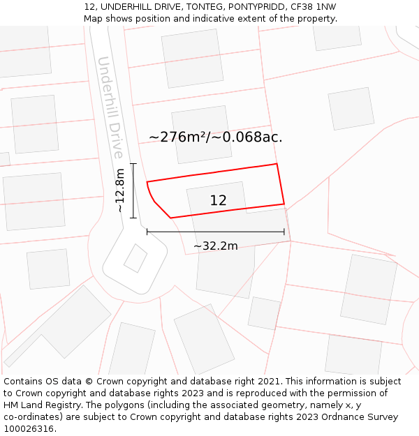 12, UNDERHILL DRIVE, TONTEG, PONTYPRIDD, CF38 1NW: Plot and title map