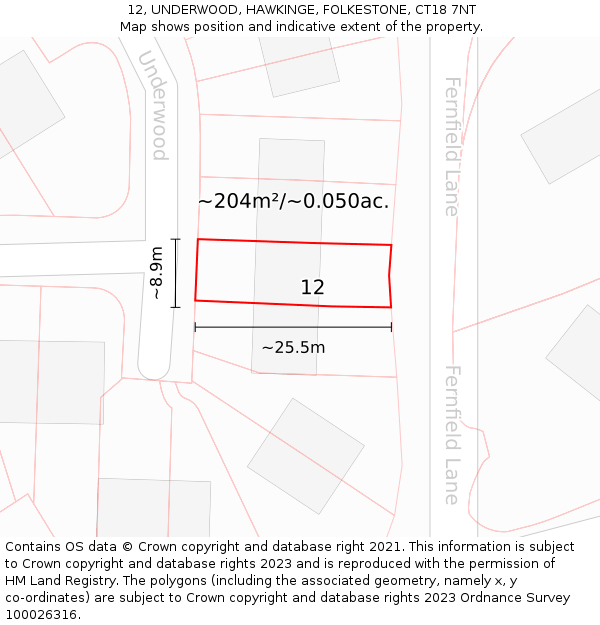 12, UNDERWOOD, HAWKINGE, FOLKESTONE, CT18 7NT: Plot and title map