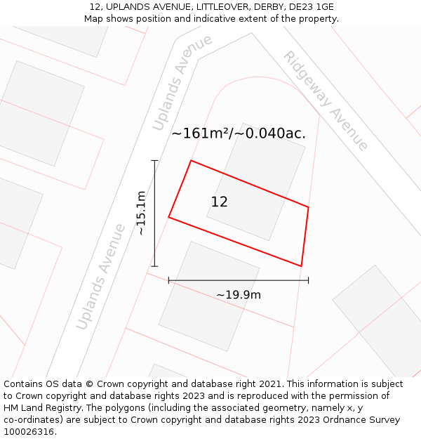 12, UPLANDS AVENUE, LITTLEOVER, DERBY, DE23 1GE: Plot and title map