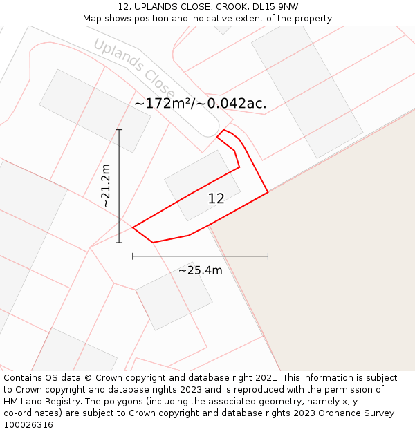 12, UPLANDS CLOSE, CROOK, DL15 9NW: Plot and title map