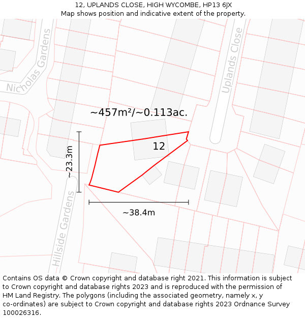 12, UPLANDS CLOSE, HIGH WYCOMBE, HP13 6JX: Plot and title map