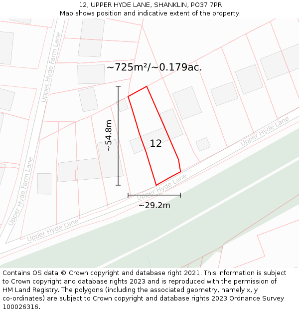 12, UPPER HYDE LANE, SHANKLIN, PO37 7PR: Plot and title map