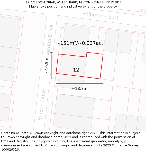 12, VERDON DRIVE, WILLEN PARK, MILTON KEYNES, MK15 9DF: Plot and title map