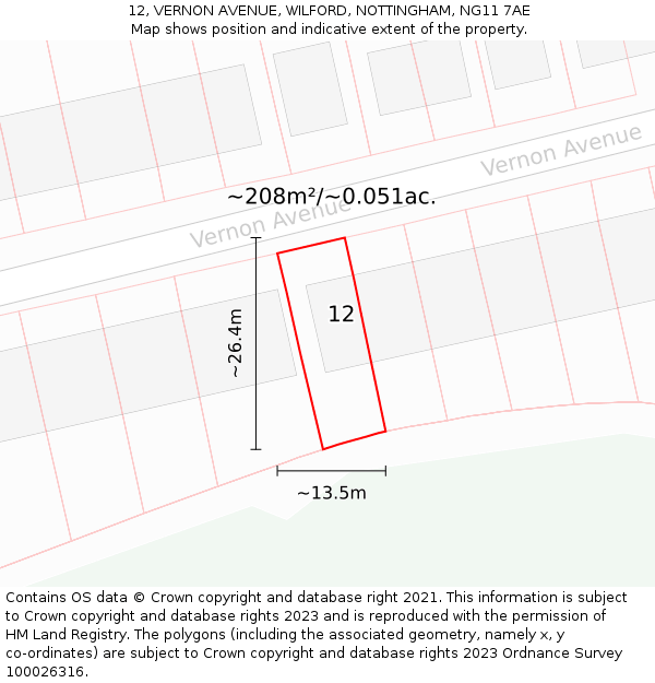 12, VERNON AVENUE, WILFORD, NOTTINGHAM, NG11 7AE: Plot and title map