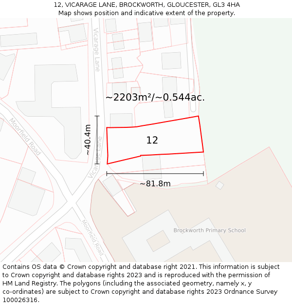 12, VICARAGE LANE, BROCKWORTH, GLOUCESTER, GL3 4HA: Plot and title map