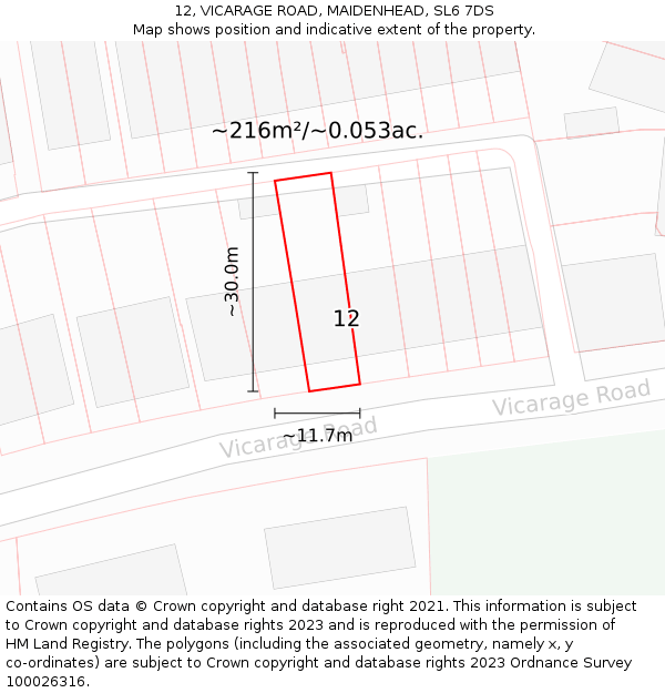 12, VICARAGE ROAD, MAIDENHEAD, SL6 7DS: Plot and title map