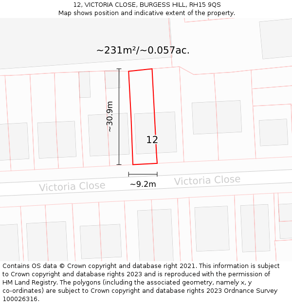 12, VICTORIA CLOSE, BURGESS HILL, RH15 9QS: Plot and title map