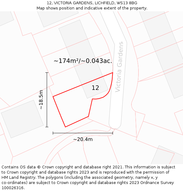 12, VICTORIA GARDENS, LICHFIELD, WS13 8BG: Plot and title map