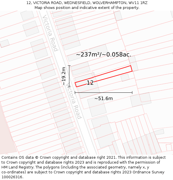 12, VICTORIA ROAD, WEDNESFIELD, WOLVERHAMPTON, WV11 1RZ: Plot and title map