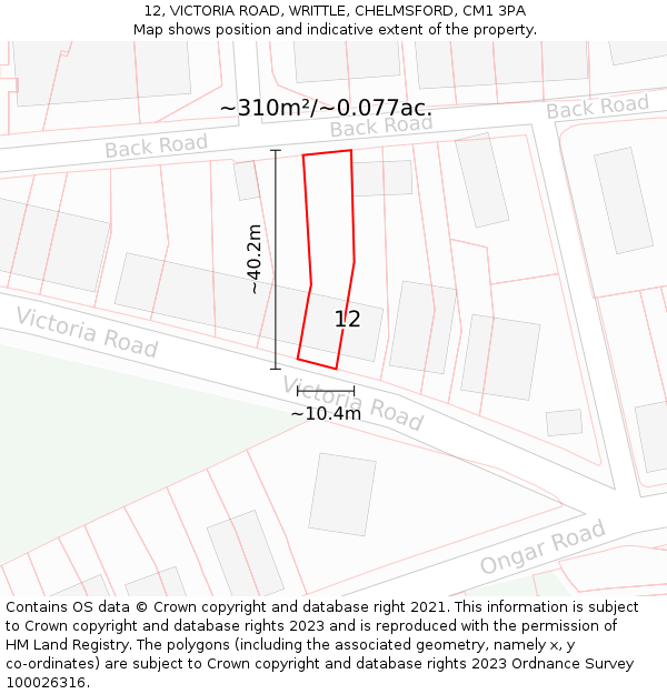 12, VICTORIA ROAD, WRITTLE, CHELMSFORD, CM1 3PA: Plot and title map