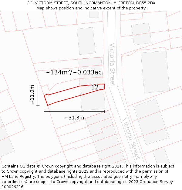 12, VICTORIA STREET, SOUTH NORMANTON, ALFRETON, DE55 2BX: Plot and title map