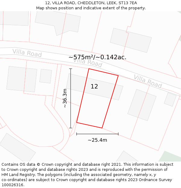 12, VILLA ROAD, CHEDDLETON, LEEK, ST13 7EA: Plot and title map