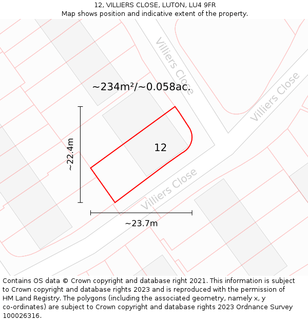 12, VILLIERS CLOSE, LUTON, LU4 9FR: Plot and title map