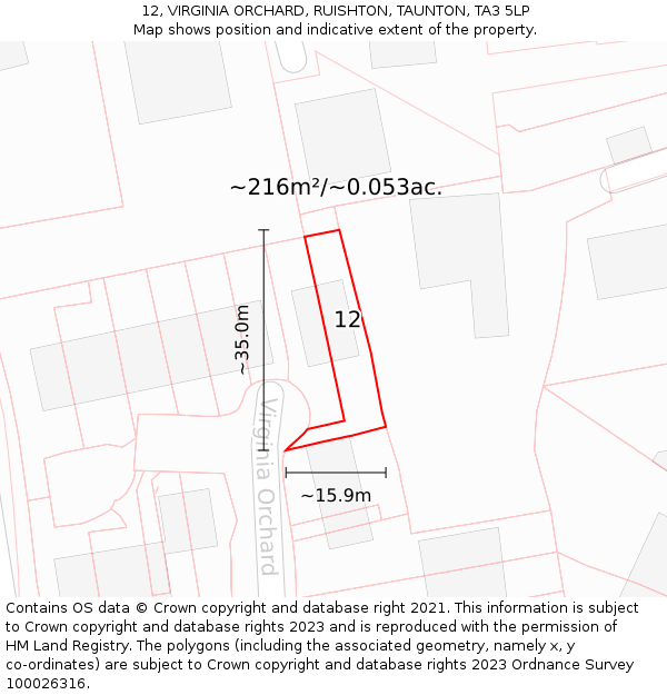 12, VIRGINIA ORCHARD, RUISHTON, TAUNTON, TA3 5LP: Plot and title map