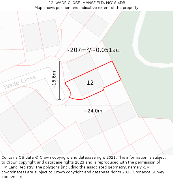 12, WADE CLOSE, MANSFIELD, NG18 4DR: Plot and title map