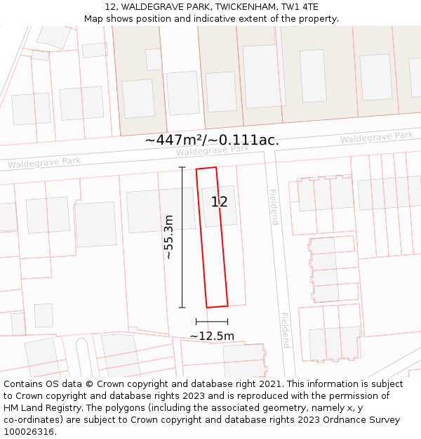 12, WALDEGRAVE PARK, TWICKENHAM, TW1 4TE: Plot and title map