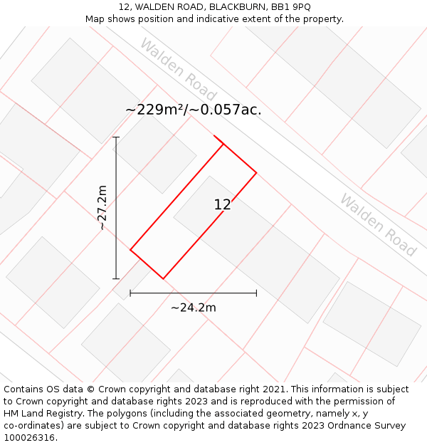 12, WALDEN ROAD, BLACKBURN, BB1 9PQ: Plot and title map