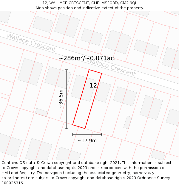 12, WALLACE CRESCENT, CHELMSFORD, CM2 9QL: Plot and title map