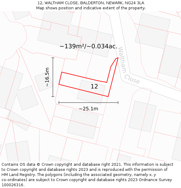 12, WALTHAM CLOSE, BALDERTON, NEWARK, NG24 3LA: Plot and title map