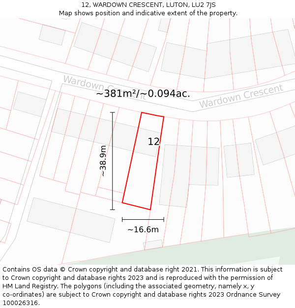 12, WARDOWN CRESCENT, LUTON, LU2 7JS: Plot and title map