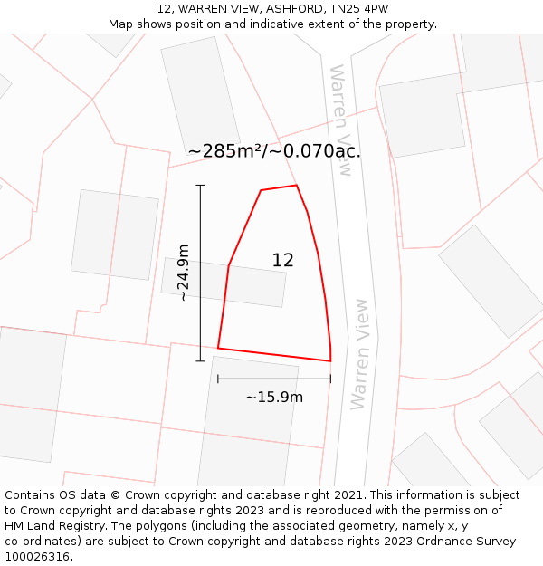 12, WARREN VIEW, ASHFORD, TN25 4PW: Plot and title map