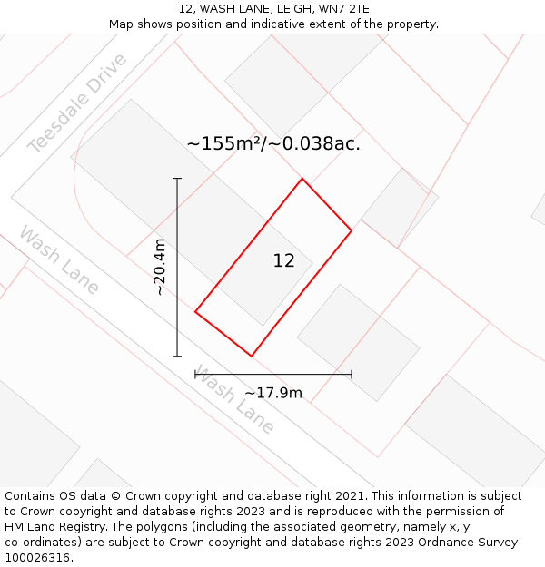 12, WASH LANE, LEIGH, WN7 2TE: Plot and title map