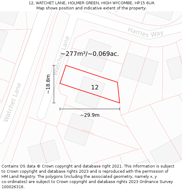 12, WATCHET LANE, HOLMER GREEN, HIGH WYCOMBE, HP15 6UA: Plot and title map