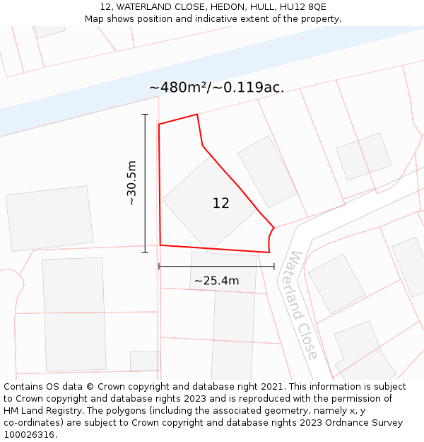 12, WATERLAND CLOSE, HEDON, HULL, HU12 8QE: Plot and title map