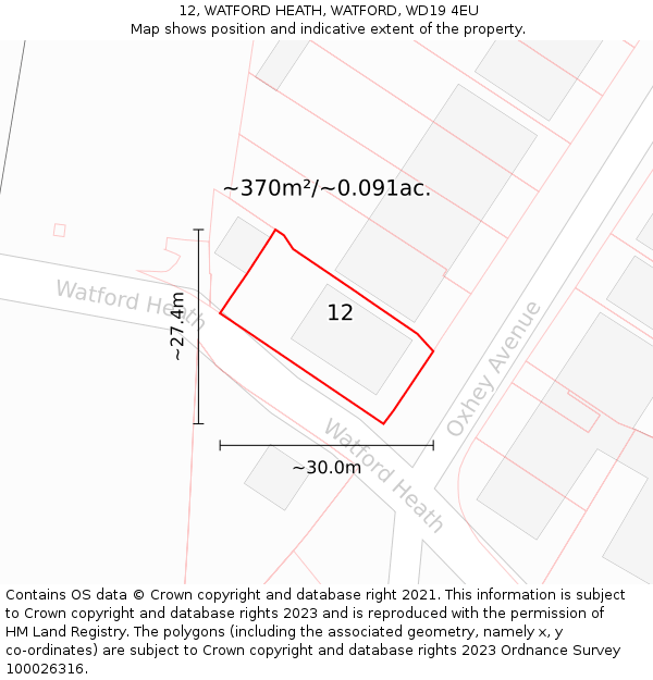 12, WATFORD HEATH, WATFORD, WD19 4EU: Plot and title map