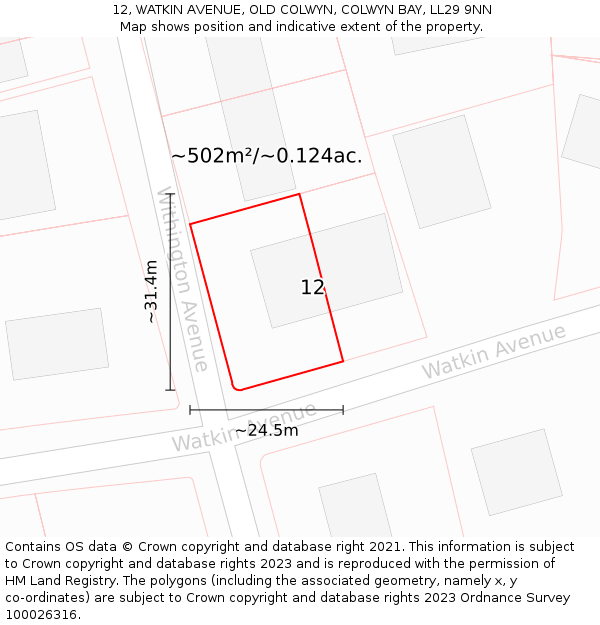 12, WATKIN AVENUE, OLD COLWYN, COLWYN BAY, LL29 9NN: Plot and title map