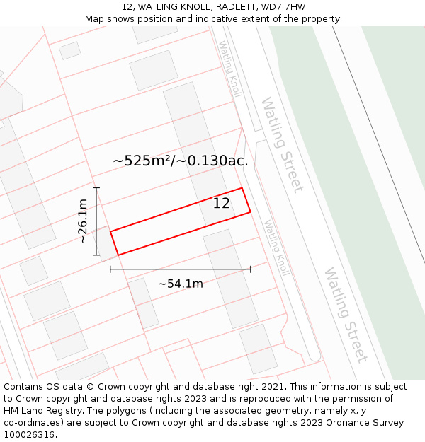 12, WATLING KNOLL, RADLETT, WD7 7HW: Plot and title map