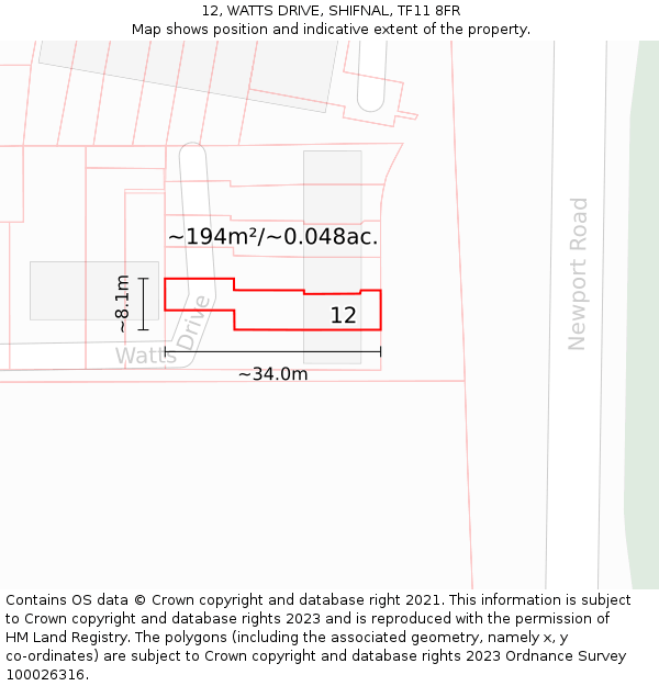 12, WATTS DRIVE, SHIFNAL, TF11 8FR: Plot and title map