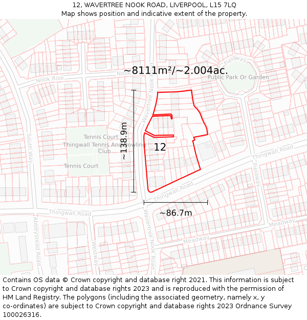 12, WAVERTREE NOOK ROAD, LIVERPOOL, L15 7LQ: Plot and title map