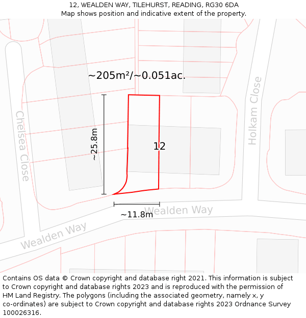 12, WEALDEN WAY, TILEHURST, READING, RG30 6DA: Plot and title map